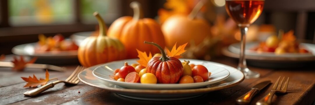 Close-up of a Thanksgiving table setting with autumnal decorations , illustration, elegant, card
