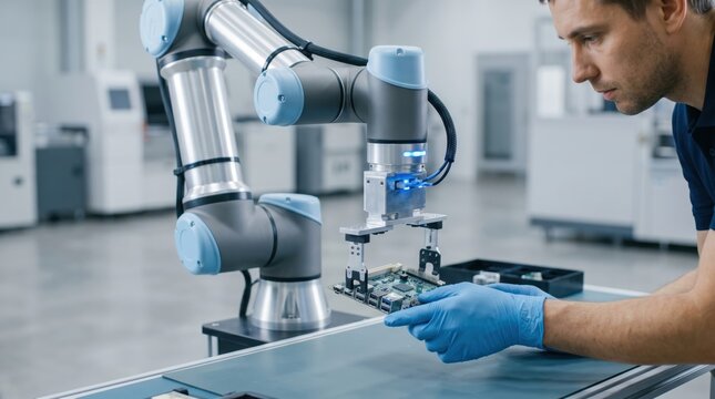 Engineer working with collaborative robot arm on assembly line, technician inspecting circuit board manufacturing process in smart factory