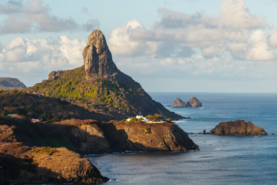 Panoramic aerial view of Morro do Pico and the Dois Irmaos, Fernando de Noronha, Pernambuco, Brazil
