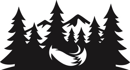 Obraz premium Stylized forest scene with mountains and a fox tail silhouette.