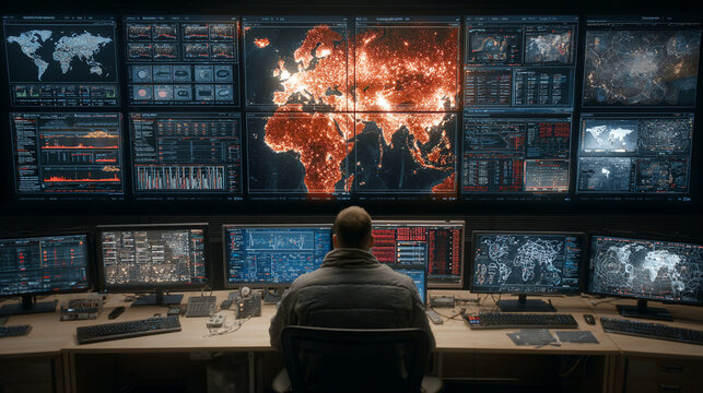 Cybersecurity Specialist Analyzing Threat Data in Dark Control Room with Multiple Screens
