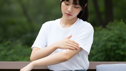 Fototapeta premium Beautiful young Asian woman applying moisturizing sunscreen lotion on arm outdoors