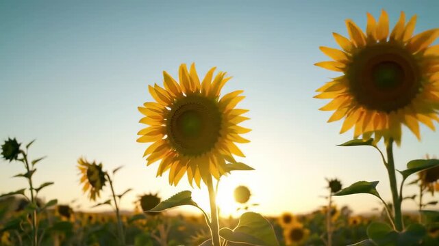Sunflowers at golden hour. Sky backdrop. Silhouette of a few more in the fields