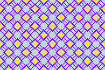 Fototapeta premium seamless geometric pattern A folk-art inspired pattern featuring geometric shapes interlocked to form a diamond motif, utilizing purple and yellow hues against a white background. 