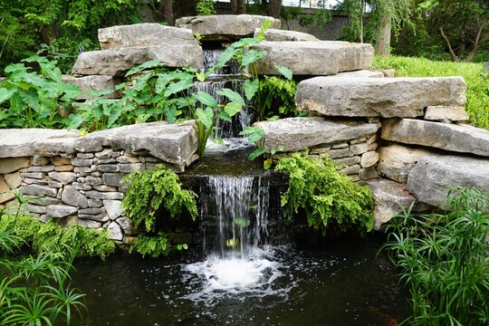 Layered stone waterfall flowing into pond, surrounded by ferns and lush plants creating a natural garden focal point near Fort Worth Botanic Gardens, Texas, U.S