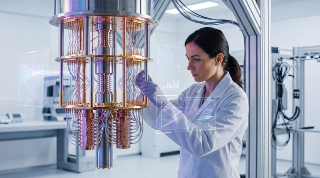 Female scientist working on advanced quantum computer processor in high-tech laboratory, adjusting copper wiring components with holographic data interface