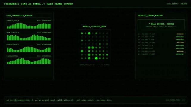 Cybernetic AI Diagnostics Neural Network Security Firewall Monitor Animation.