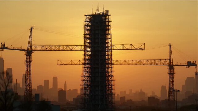 Foggy city skyline construction crane background sunrise silhouette tower building under development tranquil atmosphere warm orange light dramatic urban growth industry scene