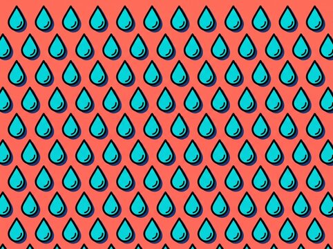 Seamless Blue Water Drop Comic Pattern on Coral Background