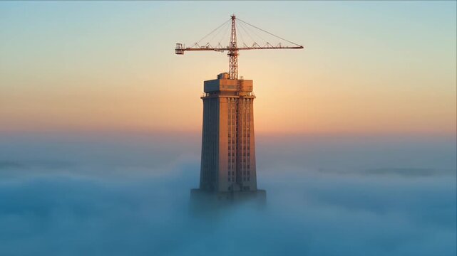 Foggy sunrise cityscape construction crane background tower emerging above cloud skyline architecture dreamy urban scene gentle light calm mood vertical structure soft cloud sea