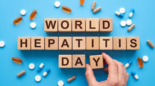 World hepatitis day wooden block letters with pills background
