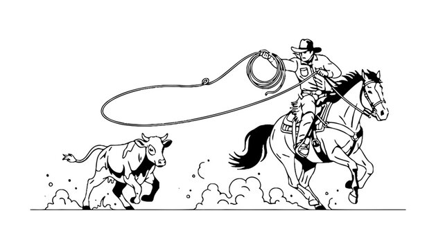 Imagine prompt cowboy roping a calf rodeo action illustration