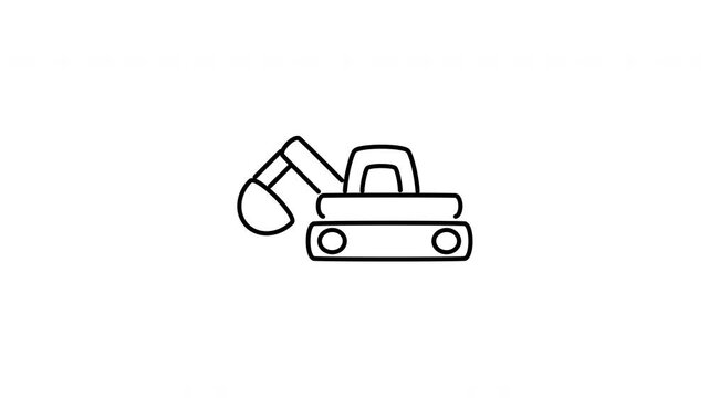 Minimalist outline animation of a mechanical heavy crawler track excavator digger drawing on and fading out. Features a clean pop up style in 3 color setups.