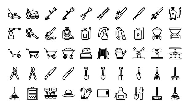 garden, tools, landscaping, lawn, trimmer, mower, chainsaw, hedge, tractor, trolley, washer, watering, shovel, rake, pruning, blower, irrigation, outdoor, maintenance, equipment, outline, editable, st