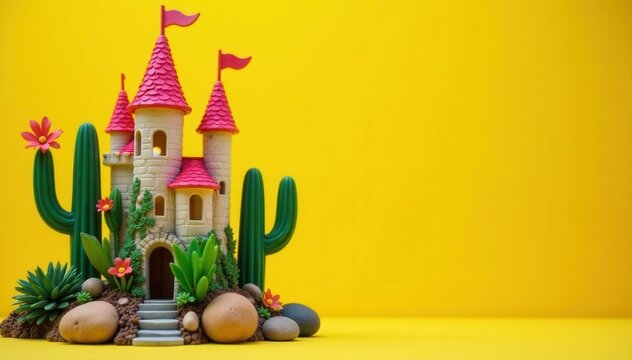 Left-aligned fairy castle cactus against sunny yellow, photography, garden, macro