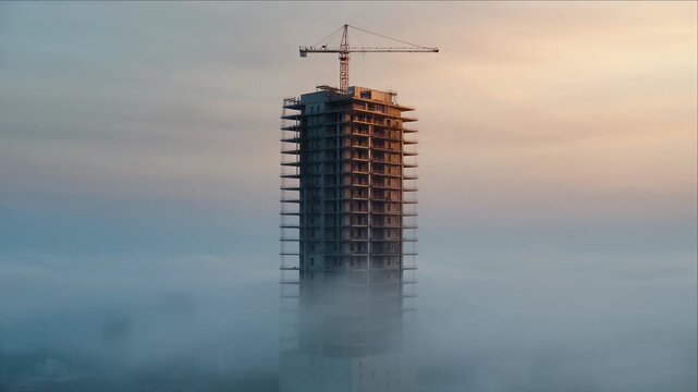 Foggy city skyline skyscraper under construction crane background at dawn, moody misty morning sky with high rise tower emerging through cloud layer creating calm atmospheric urban silhouette scene