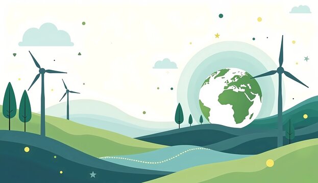 Sustainable green energy landscape illustration with wind turbines