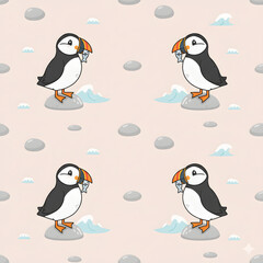 Fototapeta premium Seamless pattern featuring cute cartoon Atlantic puffins with colorful orange beaks