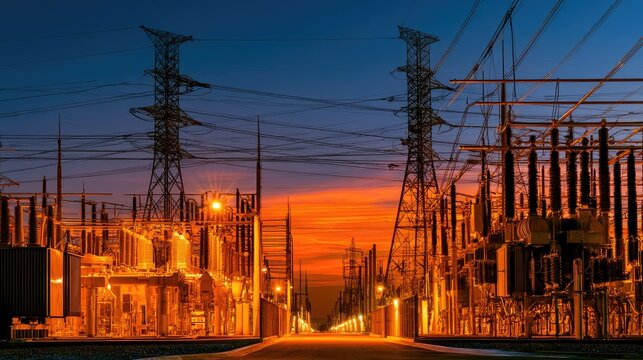 Illuminated power substation against a vibrant twilight sky