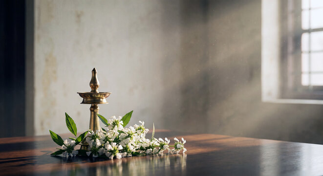 A lit traditional brass oil lamp and fresh white Thumba flowers on a wooden table, capturing the serene festive ambiance of the Kerala Onam celebration.