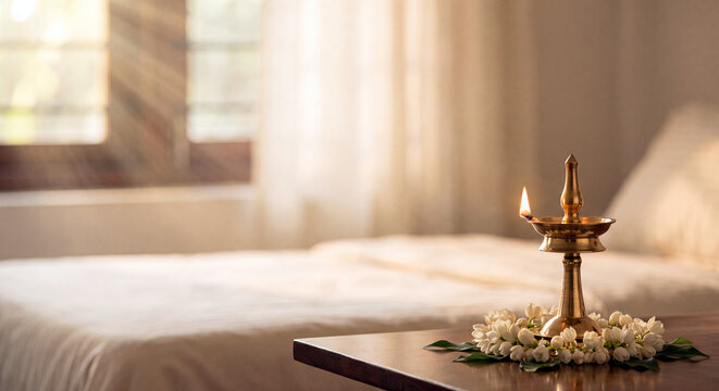 Traditional lit brass oil lamp and fresh Thumba flowers on a wooden table in a serene bedroom, celebrating the Kerala Onam festival with soft morning sunlight.