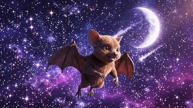 Cute Bat Mascot Flying Through Starry Night Sky with Moon