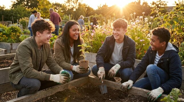 Diverse youth group planting in community garden.