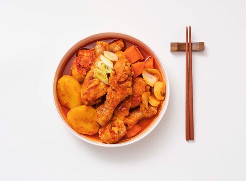 닭도리탕,닭고기,고추장,당근,양파,대파,감자,그릇,나무젓가락,받침,한국