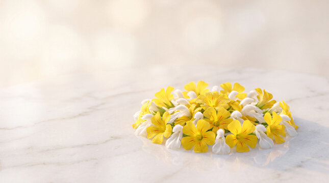 Traditional Pookalam floral arrangement made of yellow Mukkutti and white Thumba flowers on a polished marble surface, celebrating the Onam festival with soft bokeh background.