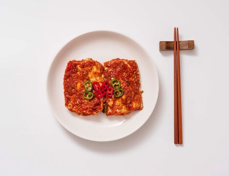 갈치조림,갈치,2,토막,청고추,홍고추,접시,나무젓가락,받침,한국