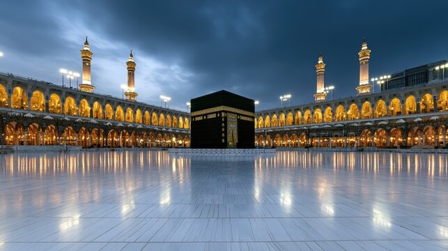 Illuminated holy sanctuary, a cube-shaped structure, with arched colonnades