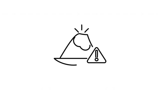 Minimalist outline animation of an erupting volcano mountain with an exclamation warning sign drawing on and fading out. Features 3 color setups.