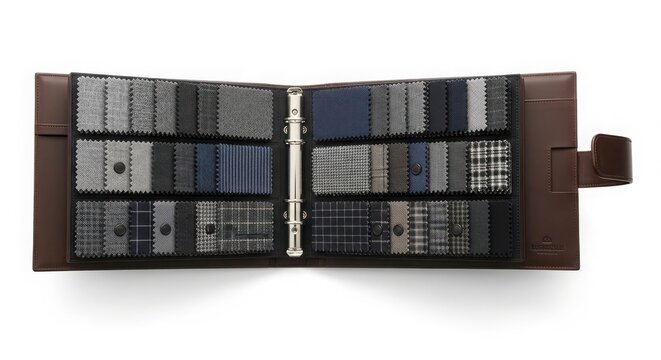 Open fabric sample binder showcasing various gray and blue textile swatches for tailoring and garment manufacturing with textile industry tailoring service fabric store business tool