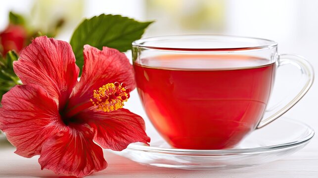 Refreshing red hibiscus tea in glass cup with flower