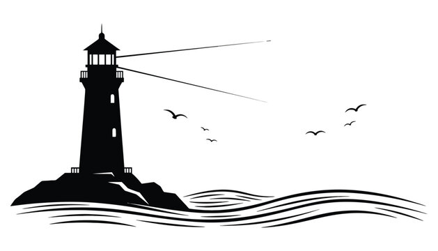 Imagine prompt lighthouse maritime beacon silhouette on waves