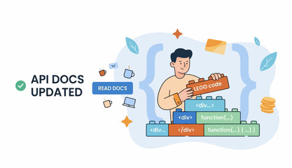 Obraz premium A man building code for api docs web site with lego blocks art kit