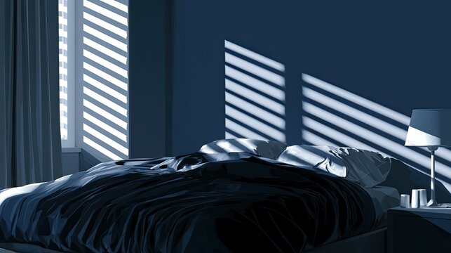 Dimly lit bedroom with striped shadows from blinds on a rumpled bed