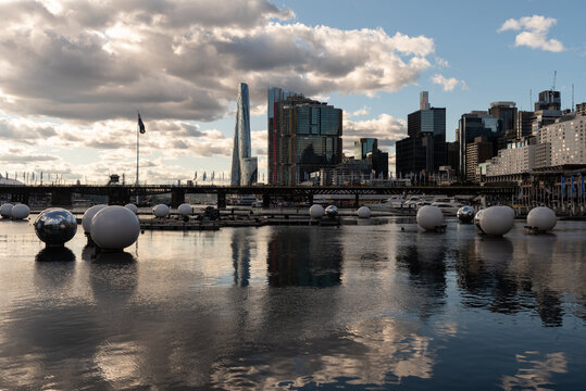 Darling Harbour in Sydney, Australia. Pyrmont bridge in the mid ground and the towers of Barangaroo in the background. 