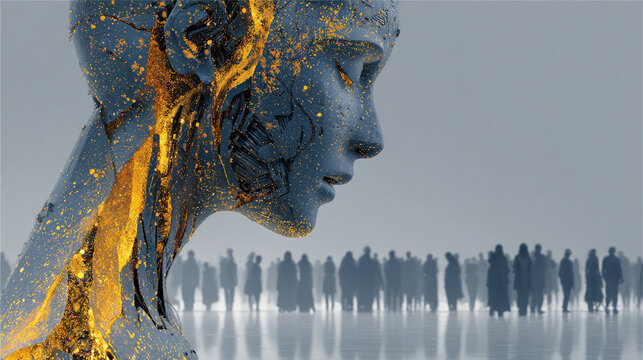 Glowing digital human face profile, futuristic cityscape background