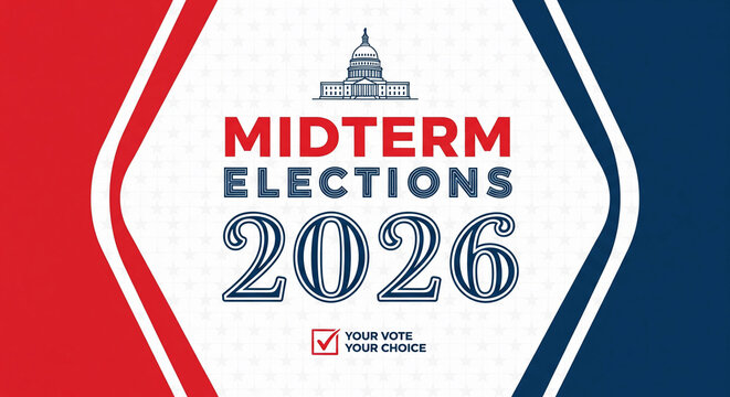 Red and blue abstract background with "MIDTERM ELECTIONS 2026" text and capitol building illustration, ideal for political campaigns, voting awareness and civic engagement promotions