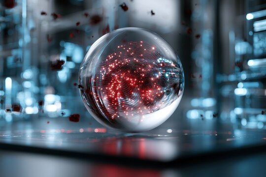 Abstract data sphere with red light. Digital intelligence concept.