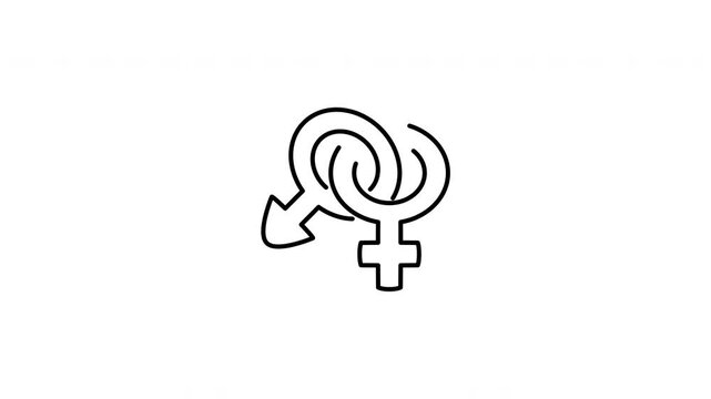 Minimalist outline animation of male and female gender symbols interlocked together drawing on and fading out. Features 3 color setups.