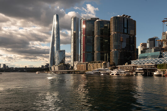 The skyscrapers of Barangaroo, as suburb of Sydney, viewed from Darling Harbour. Sydney, New South Wales, Australia.