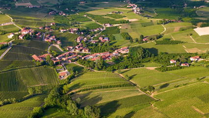 Obraz premium Aerial View of Rolling Green Vineyards and Rural Village in Piedmont Italy