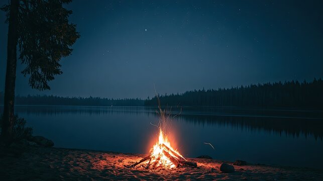 Campfire on a sandy lake shore under a starry night sky