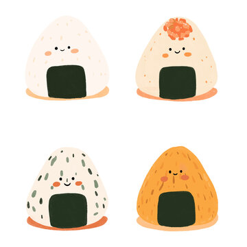 Cute kawaii onigiri character set, hand drawn Japanese rice ball illustrations with funny smiling faces isolated on black background.