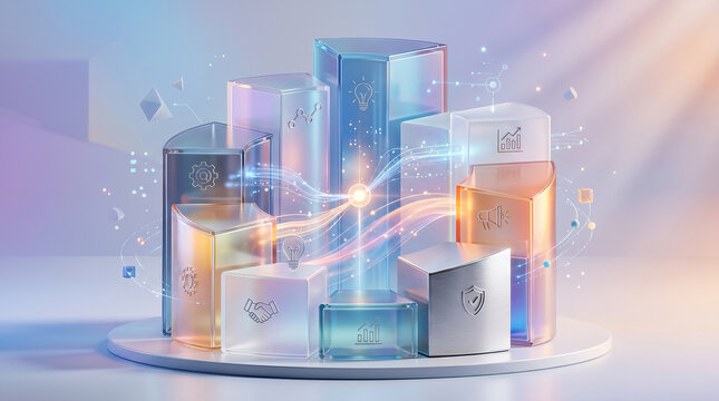 Colorful 3d blocks with glowing lines and symbols on a team collaboration white platform