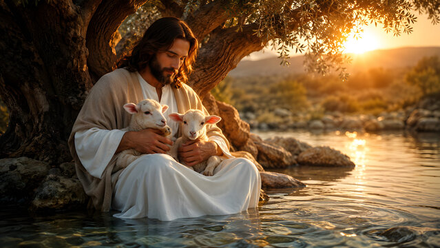 Jesus Christ holding lambs under olive tree at sunset cinematic photograph