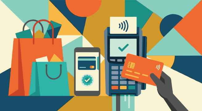 Person pays with credit card at checkout terminal with bags