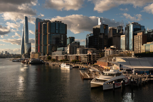 The view from Pyrmont Bridge crossing Darling Harbour looking past King's Street Wharf to the skyscrapers at Barangaroo, Sydney, Australia.